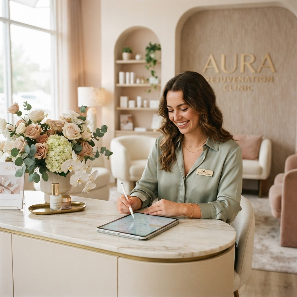 A med spa front desk coordinator smiling while reviewing bookings on a tablet